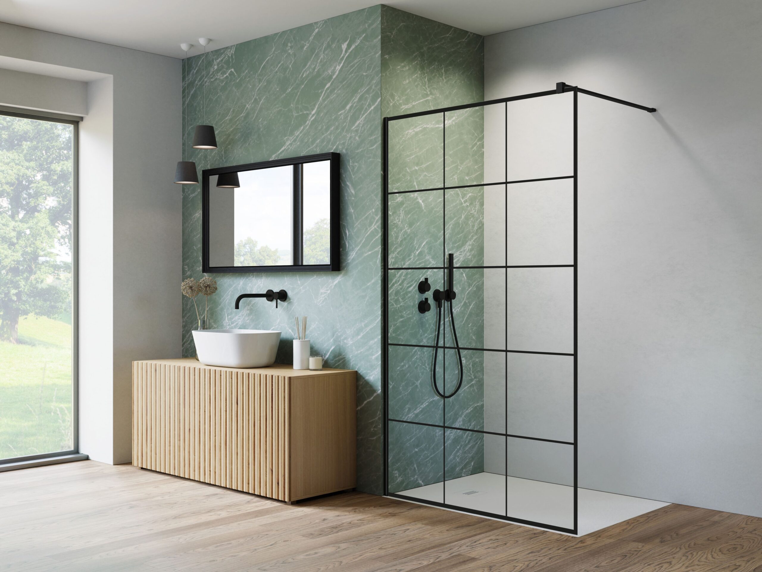 Nes Black Walk-in II Factory fekete rácsos színes zuhanykabin