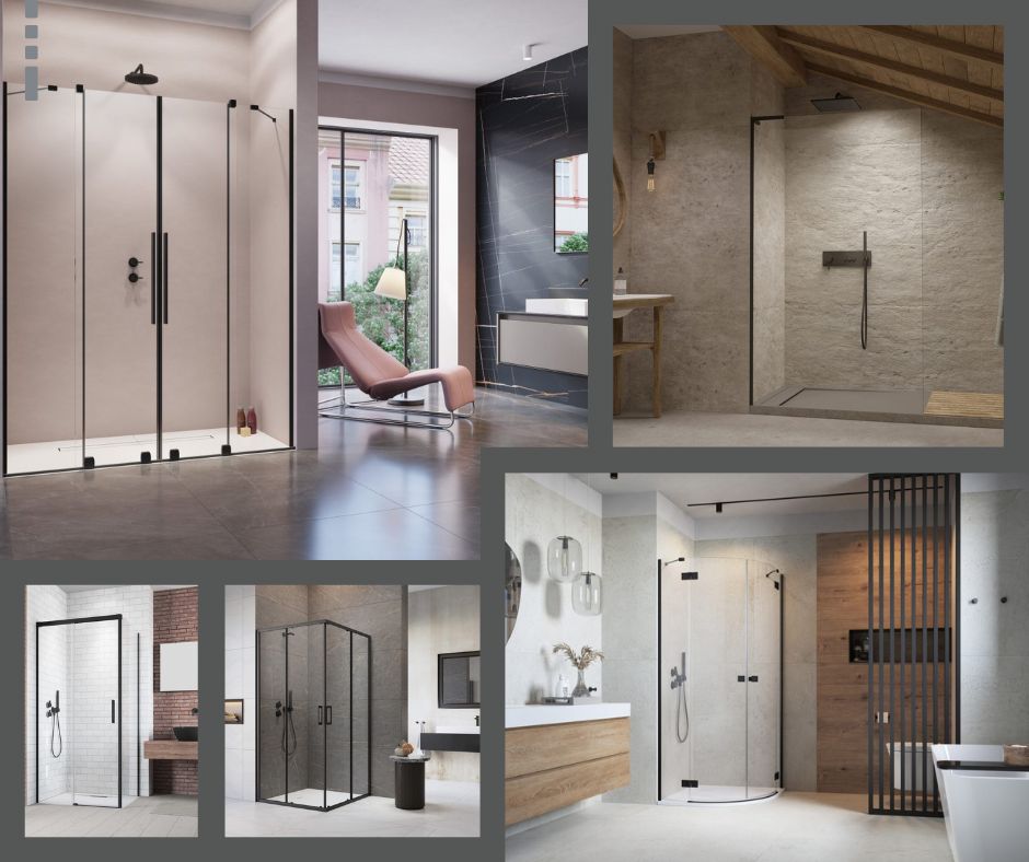 Különböző méretű fekete színes zuhanykabinok